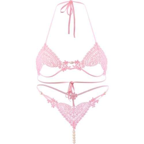 Sexy Lingerie Women Set Push Up Bra Solid Lace Backless Lingerie Sexy Hot Erotic Conjunto Straps Pearl Sexy G String Sex Clothes