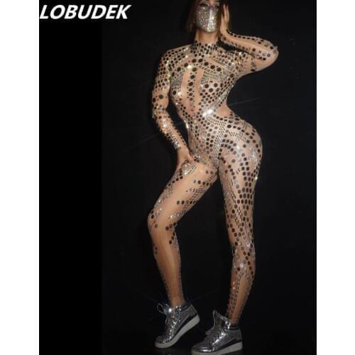 Rhinestones Silver Sequin Stretch Skinny Jumpsuit Women Birthday Celebrate Party Mirror Jumpsuits Bar Nightclub Dancer Costume