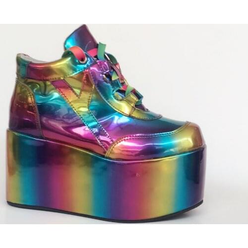 Women Laser Rainbow Colors Platform Round Toe Ankle Boots Patent Leather Super Wedge High Heel Lace Up Knight Shoes Plus Size-46