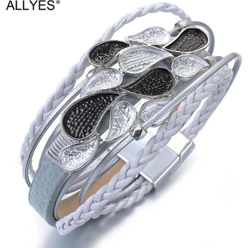 ALLYES Enamel Metal Waterdrop Magatama Charm Leather Bracelets for Women Bohemian Multilayer Braided Bracelet Unisex Jewelry