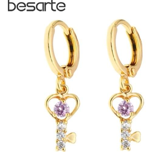 Pink Zircos Heart Key Earring Gold Hoop Earrings For Women Oorbellen Boucle D'oreille Femme Kolczyki Earings Jewelry Kupe E2601