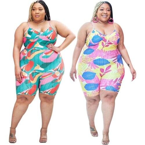 High Stretch Women Plus Size Colorful Printed Short Jumpsuits 2021 Summer New Arrivals Sleeveless Spaghetti Strap Skinny Rompers
