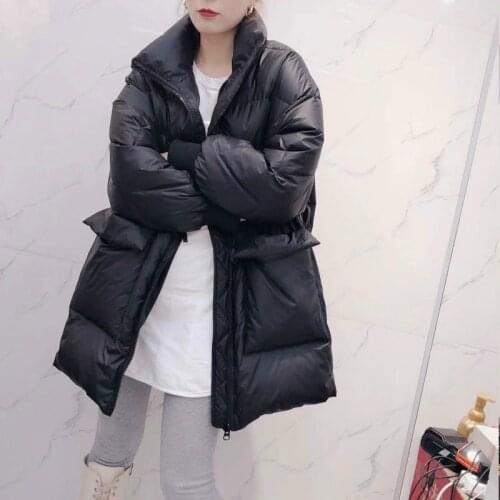 2021 New Ladies Long Sleeves Down Jacket White Duck Down Down Solid Color Loose Waist Coat Casual New Fashion Winter Warm Jacket