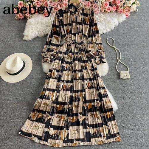 Women Elegant Print Maxi Dress Fashion Retro Flare Sleeves O Neck A-line Dresses Spring Korean Streetwear Long Dress
