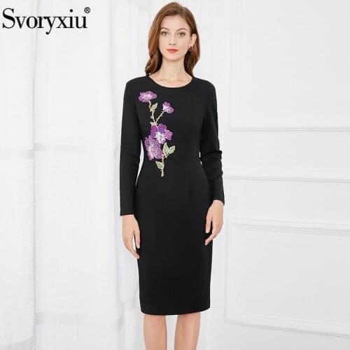 Svoryxiu Autumn Fashion Woman Black Retro Elegant Knee-Length Dress O-Neck Diamond Crystal Sequins Party Slim Gorgeous Dresses