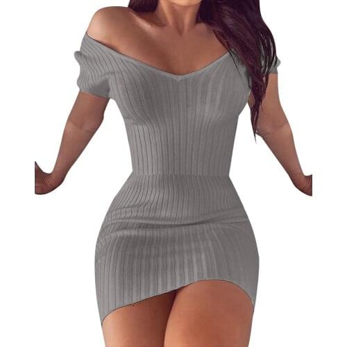 Womens Dress Spring And Summer Sexy Temperament V-Neck Solid Color Slim Dress