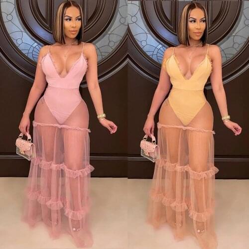 2021 Dress for Women Sexy Spaghetti Strap Mesh V-Neck Summer Long Maxi Dress See Through Loose Beach Dress Undefined Outfits