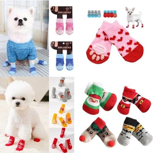 Pets Dogs Socks Small Cat Puppy Dog Knits Socks Warm Anti Slip Skid Bottom Shoes Random Color 4Pcs/lot