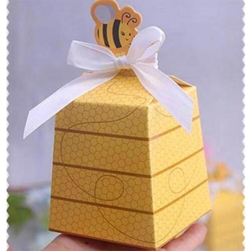 100 pcs European Yellow Bee Style Favors Candy Boxes Gift Box with White Ribbons Baby Shower Birthday Party Wedding Supplies