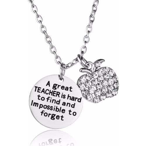 12PC/Lot Teacher Jewelry Gifts A Great Teacher Is Hard To Find Crystal Apple Stainless Steel Pendants Teachers Necklaces Charms