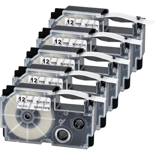 5Pcs XR-12X ribbon cartidge compatible for Casio label printer Black on Clear casio label tape 12mm XR12X for EZ Printers KL-120