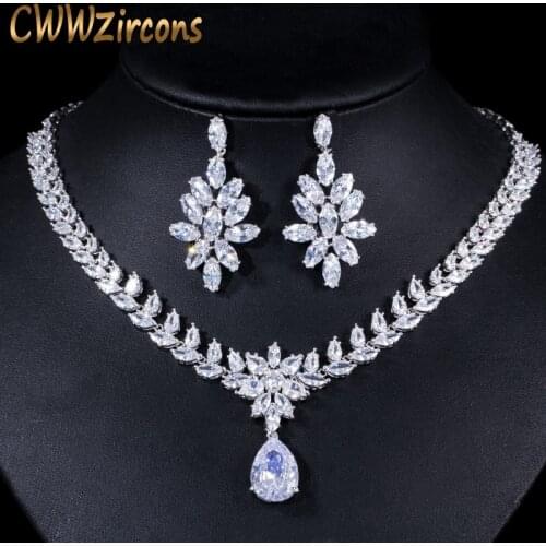 CWWZircons Leaf Shape Big Dangling Drop Cubic Zircon Wedding Costume Necklace Jewelry Set White Gold Color Bridal Jewellery T144