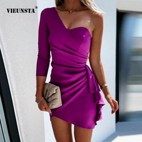 Elegant Office Lady Ruffle One-Shoulder Slim Dress Women Fashion High Slit Solid Party Dress Sexy Strapless Bodycon Midi Dresses