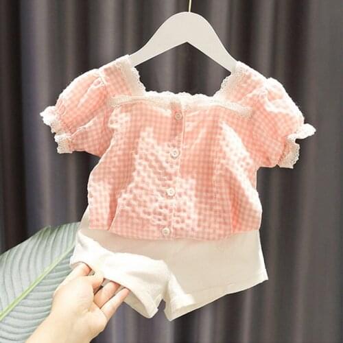 Plaid Shirt and Shorts Suit for Girl 2021 Summer Two Pieces Clothing Sets Fashion Tracksuit Single Breasted Children Light Sets