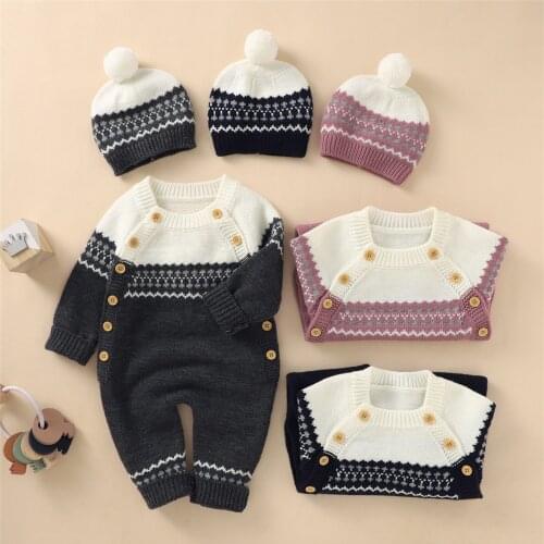 2pcs Newborn Baby Girls Boys Romper +Hat Set Winter Baby Clothes Cotton Knitted Sweater Jumpsuit Outfits Baby Clothing 0-18M