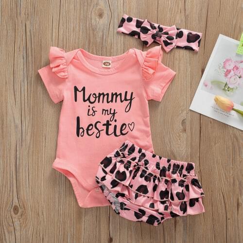 0-24M Baby Girls Summer Clothes Short Sleeve Romper Tops Leopard Ruffled Shorts Headband 3pcs Outfits Set