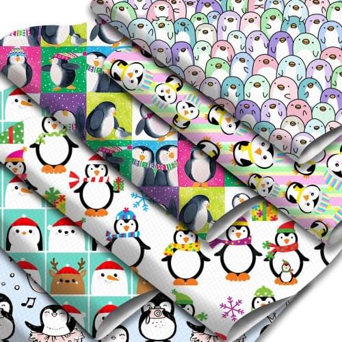 Animal Theme Faux Leather Sheets Penguin Printed Synthetic Leather Fabric 20x33cm for DIY Hair Bows Garments Handbags