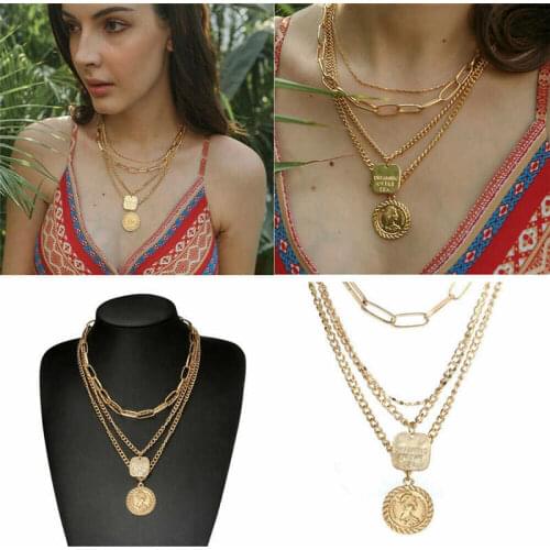 Multi layer clavicle chain human head alloy pendant Coin Necklace female Vintage Necklace