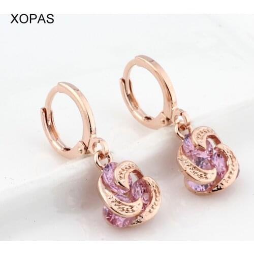 Fashion 585 Rose Gold Color Earrings Round Style Drop Earrings Cubic zirconia Dangle Earrings Women Ladies party Jewelry