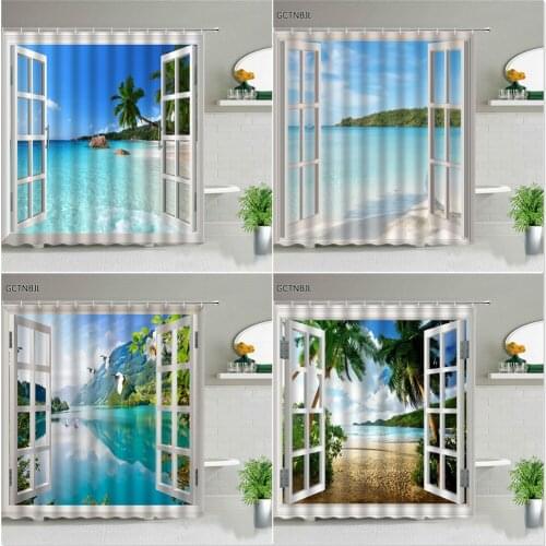 Seaside Sunlight Beach Shower Curtains Ocean Scenery Coconut Tree For Bathroom Decor Polyester Frabic Bathtub Screen With Hooks