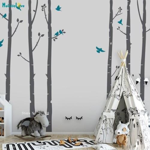 Set of 6 Birch Trees with Birds Decals For Kids Colorful Wall Stickers Woodland Decor Nursery Removable Poster Vinyl YT3740