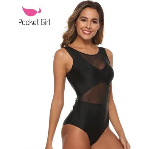 Pocket Girl 2021 New Solid Bodysuit One Piece Swimsuit Female Mesh Patchwork Swimwear Women Monokini Basic Swimsuit Bathing Suit
