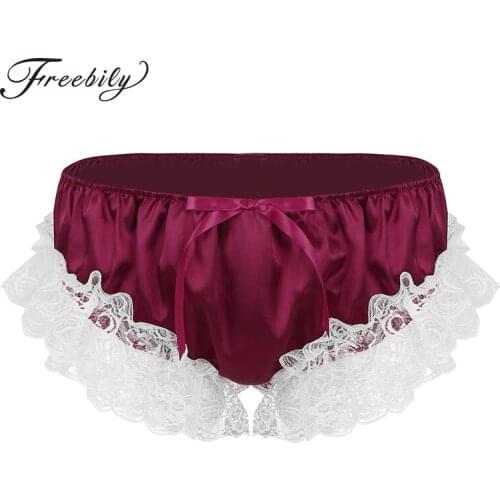 New Men Shiny Soft Ruffle Floral Lace Satin Sissy Panties Lingerie Low Rise Stretchy Briefs Hot Sexy Gay Male Underwear