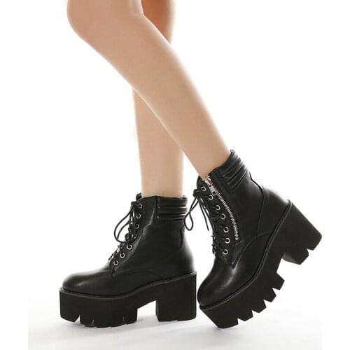 Autumn Women Boots Platform Cross-tied Gothic Black Woman Ankle Boots Front Zipper Chunky Women Shoes Punk Zapatos De Mujer
