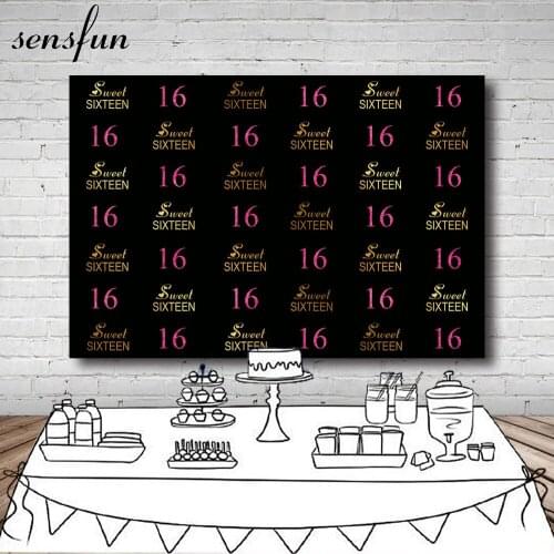 Sensfun Black And Gold Sweet Sixteen Hot Pink 16 Backdrop Girls Happy Birthday Photography Backgrounds For Photo Studio 7x5ft