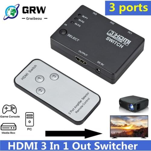 Grwibeou HDMI Splitter 3 In 1 Out Switcher 3 Port Hub Box Auto Switch 3x1 1080p HD 1.4 With Remote Control for HDTV XBOX360 PS3