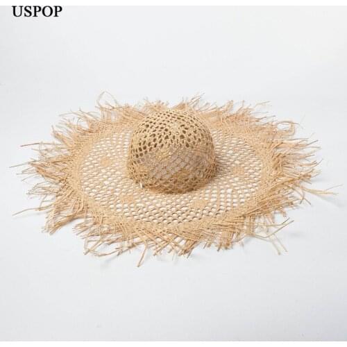 USPOPsummer new handmade hollow woven raffia straw hat outdoor sunshade beach raffia big brim hat
