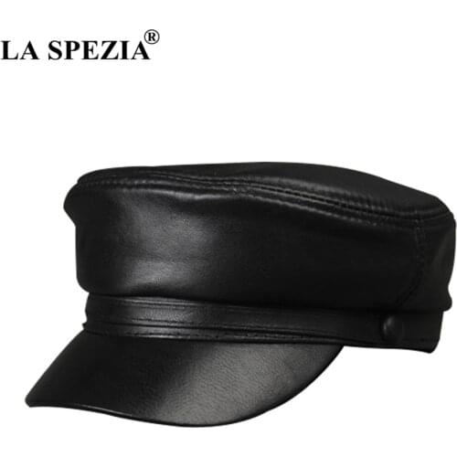 LA SPEZIA Black Army Hat Women Genuine Leather Casual Military Caps Men Vintage Real Leather Luxury Brand Classic Leather Caps