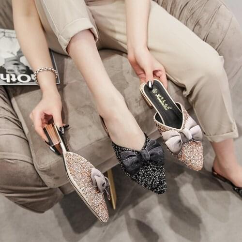 Sweet silk gradient bow-knot crystal studs mules slippers women thicken wooden med high heels flipflops pointed cover toe slides