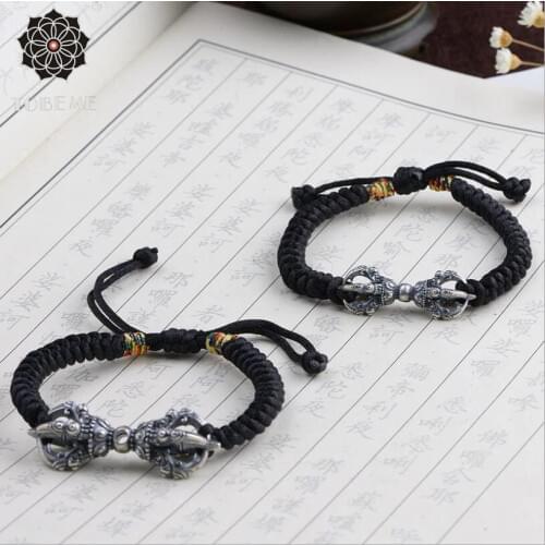 100% 925 Silver Buddhist Vajra Bracelet 925 Silver Tibetan Dorje Beaded Bracelet Vintage Silver Tibetan Braided Bracelet Unisex