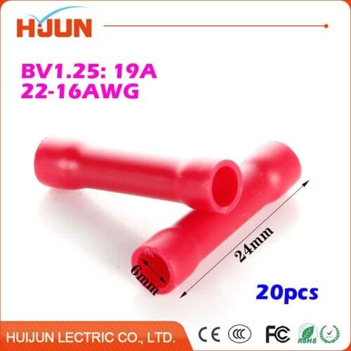 20pcs/lot BV1.25 Red Butt Splice Connector Seam Type Cable Wire Joiner Fully Insulation Crimp Terminal for 0.5-1.5mm2 22-16AWG