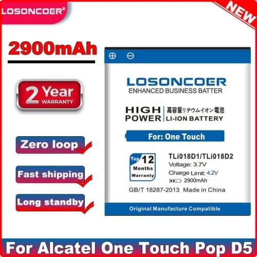LOSONCOER 2900mAh TLi018D1 TLi018D2 Battery For Alcatel One Touch Pop D5 Dual 5038x OT5038X Pop 3 5015D OT 5016 Batterie