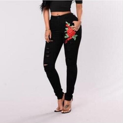 CFYH Plus Size XXL Women Autumn Embroidered Jeans Ladies Distressed Ripped Jean Femme Knee Hole Skinny Pencil Pants