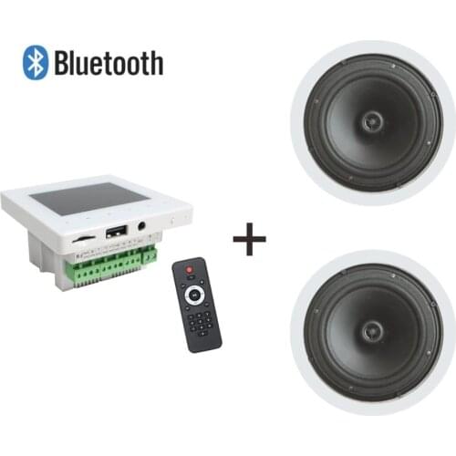 Home audio system Mini wall amplifier with Wireless Remote Control and 2 coaxial ceiling speakers, Supports USB/SD/AUX/FM/BT