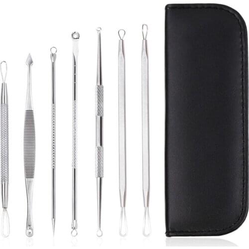 Stainless Steel Black PU Leather Case For Removing Facial Acne Blackheads Fat Particles 7PCS/SET Care Tool MD30