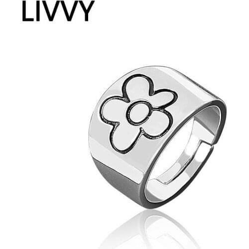LIVVY 2021 Trend Silver Color European Silver Lovely Flower Ring Retro Fashion Tide Flow Open Rings