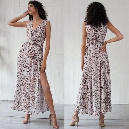 Sleeveless Leopard Pattern Printed Summer Dress Sexy Slit Long Boho Dress Maxi Dress Soft Beach Dress