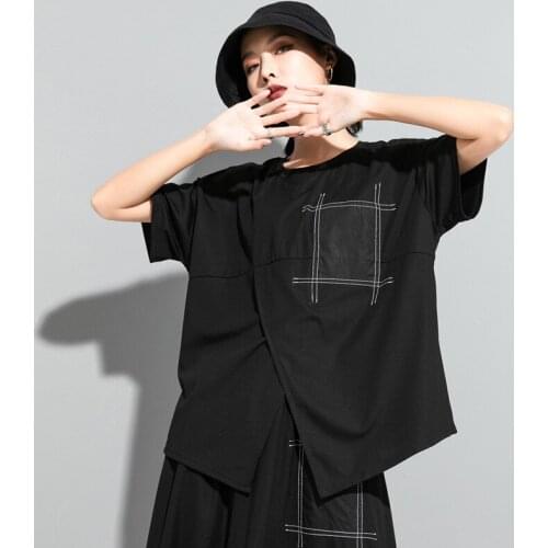 Fashion Irregular Striped O-Neck Summer T-Shirt Women Blouse Short Sleeved Loose Size Cotton Black Casual Dress