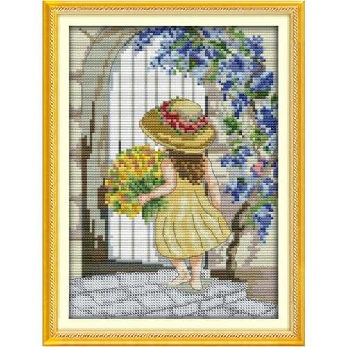 The girl sending flowers cross stitch kit people aida 18ct 14ct 11ct counted printed canvas set stitches embroidery handmade
