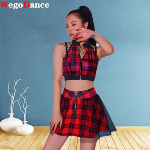 Hiphop Set Jazz Dance Women Korean Red Plaid Performance Dress New Style