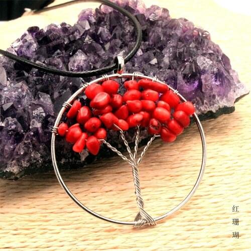 6pcs/lot Natural crystal round shape peridot life tree Red coral necklace women necklace colorful DIY seven chakras jewelry