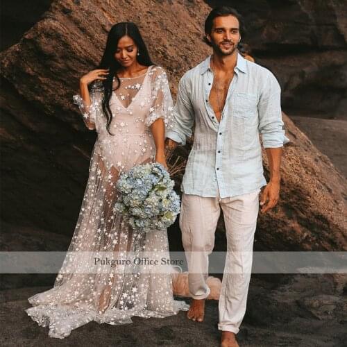 Pukguro Sparkles Counting Stars Beach Wedding Dress Boho Lace Shine Beads Long Sleeves Modern Bohemian Bridal Gowns Glisten 2021