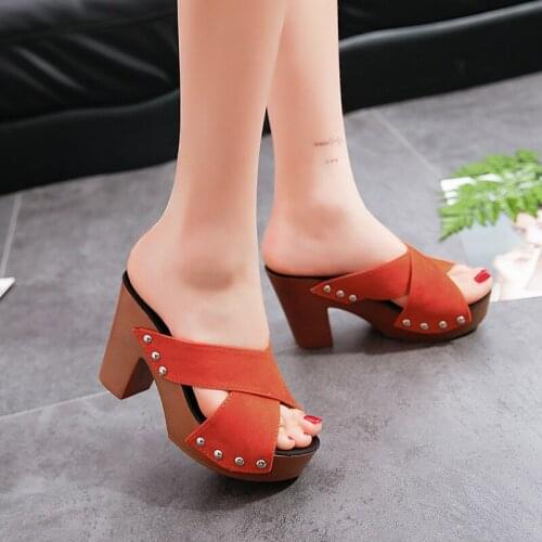 HOT Women Sandals Square High Heel Platform Flock Casual Rivet Pumps Peep Toe Female Elegant Ladies Shoes Zapatos De Mujer