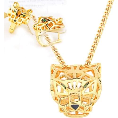 Leopard Head Hanging earrings Cubic Zirconia Stone Panther necklace earring for Women designer copper jewelry set 2021 trend