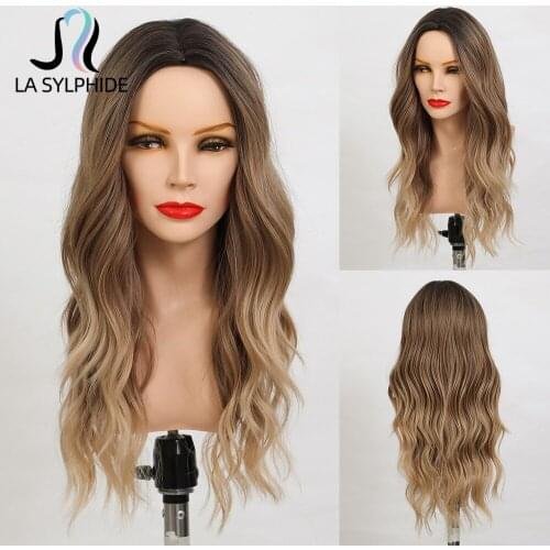 La Sylphide Synthetic Wig Light Brown Ombre Light Blonde Gold Middle Part False Hair Wigs for Woman Daily Use Heat Resistant Wig