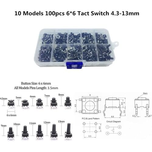 10 Models 100pcs 6*6mm Tact Switch Tactile Push Button Switch Kit, Height: 4.3MM~13MM DIP 4P Micro Switch 6x6 Key Switch
